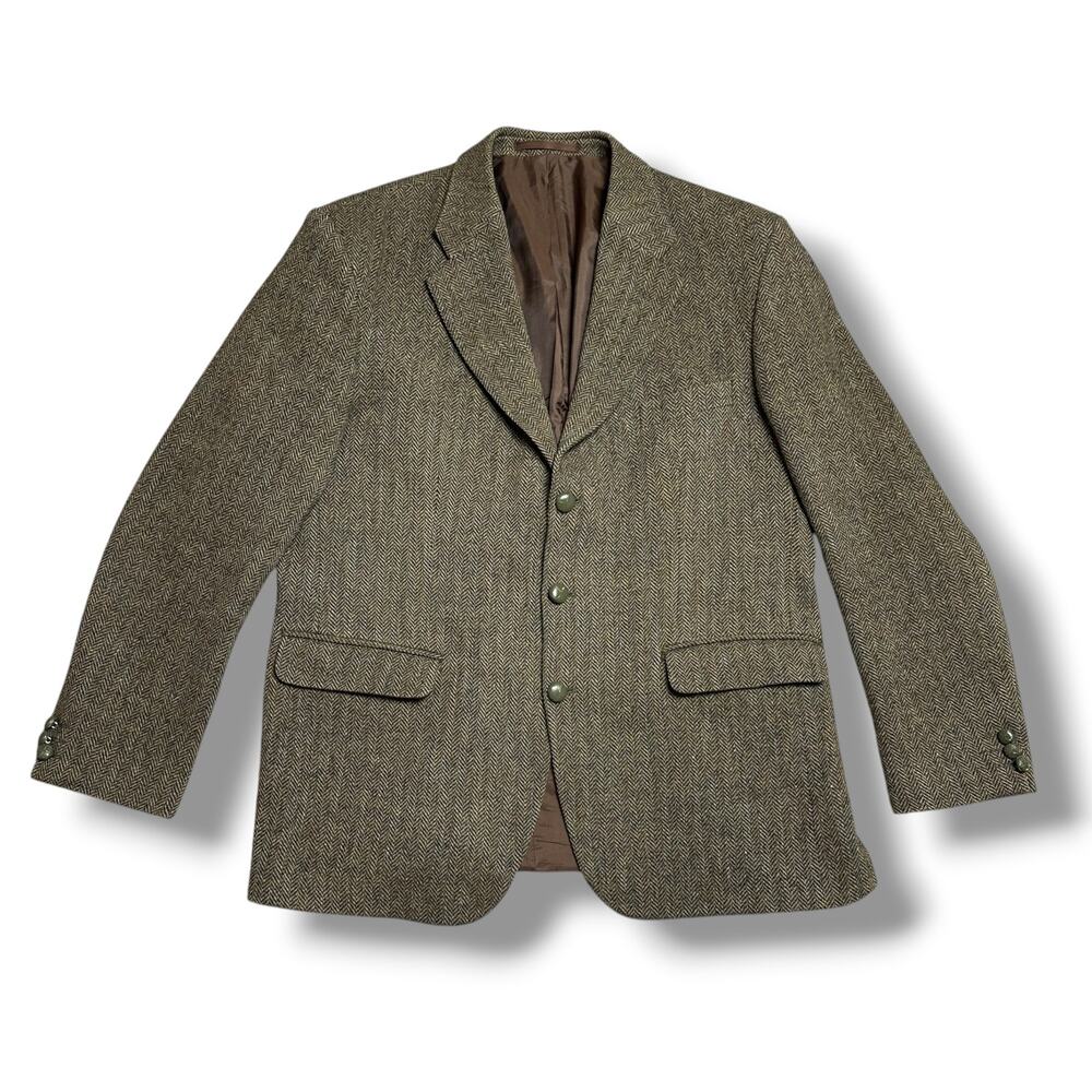 Vintage Harris Tweed 42L Brown 100% Wool Blazer Sport Coat Senator Herringbone